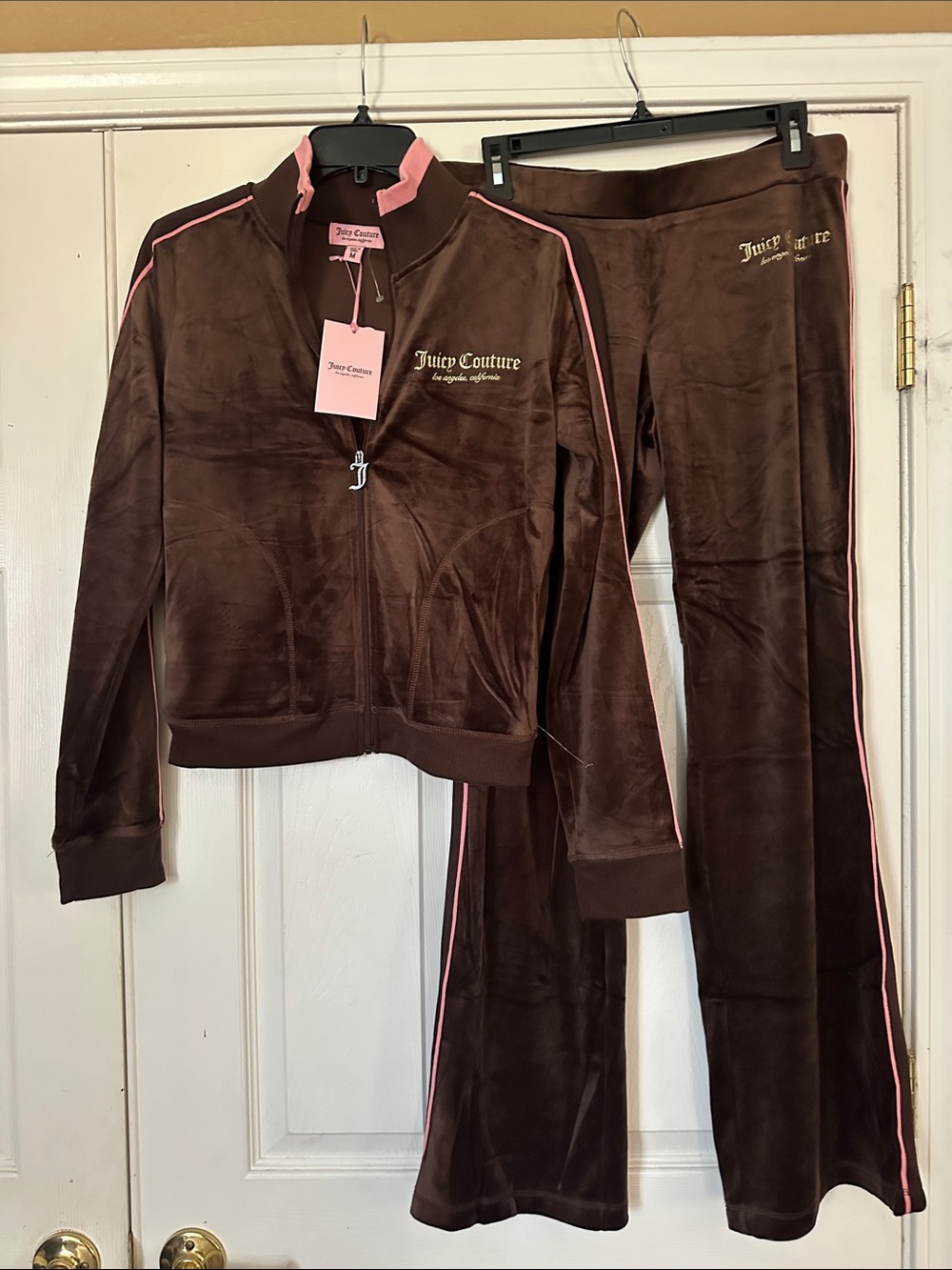 Juicy Couture Brown Velour Track Jacket and Pants with Pink Trim